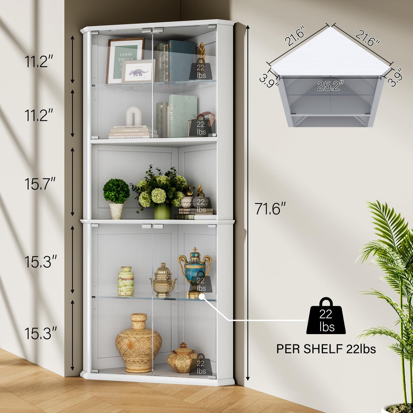 kepptory 71.6" Corner Display Cabinet with LED Lights, 5-Tier Tall Curio Cabinet with Adjustable Glass Shelves&Glass Door, Wine Cabinet for Living Room, Home Bar (White, 25.2''x21.6''x71.6'')