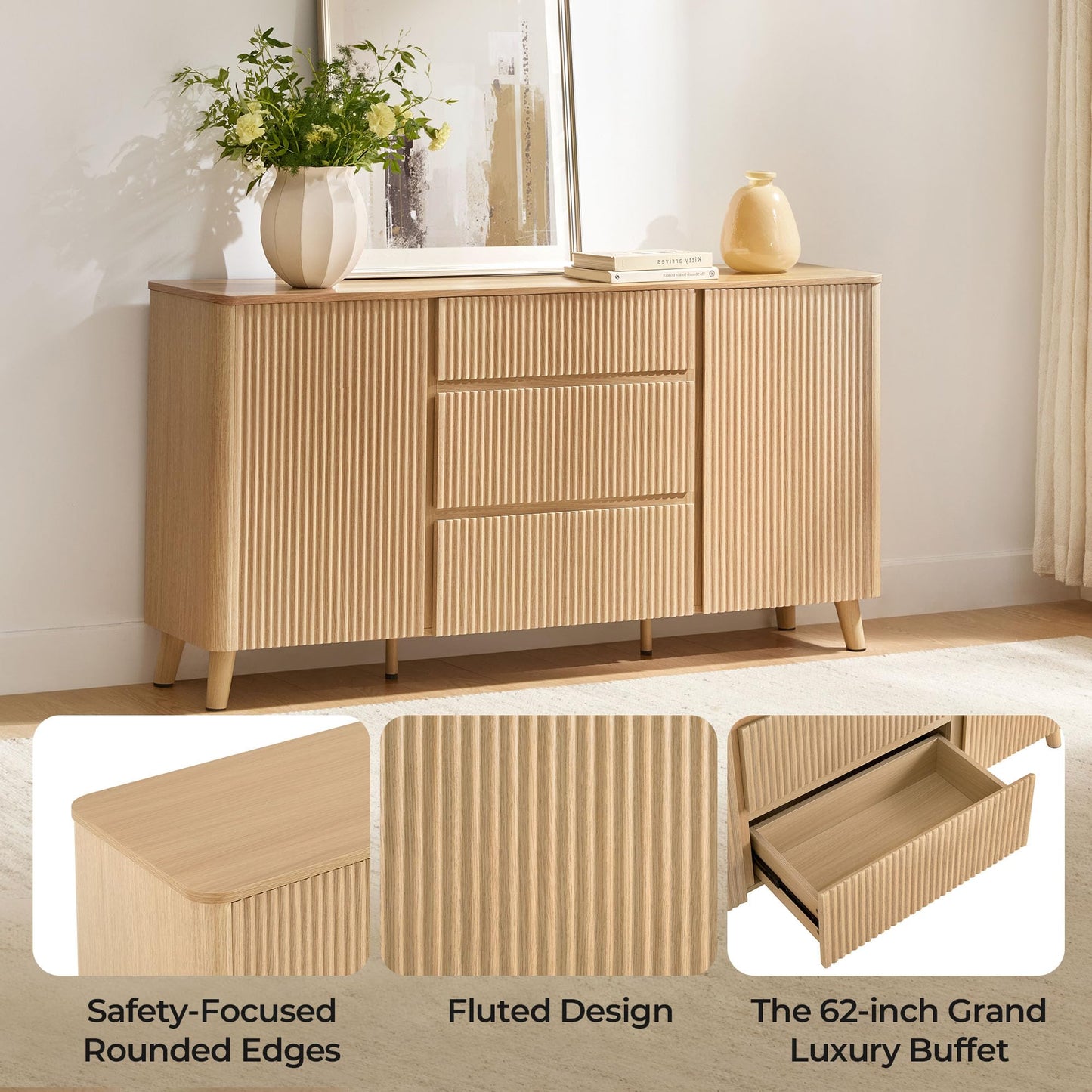 CHITA 62" Sideboard Buffet Cabinet with Storage, Fluted Cabinet with Drawers, Natural Oak