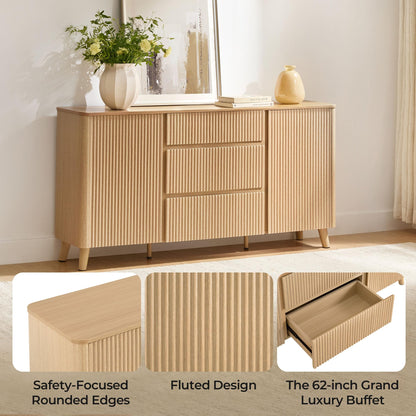 CHITA 62" Sideboard Buffet Cabinet with Storage, Fluted Cabinet with Drawers, Natural Oak