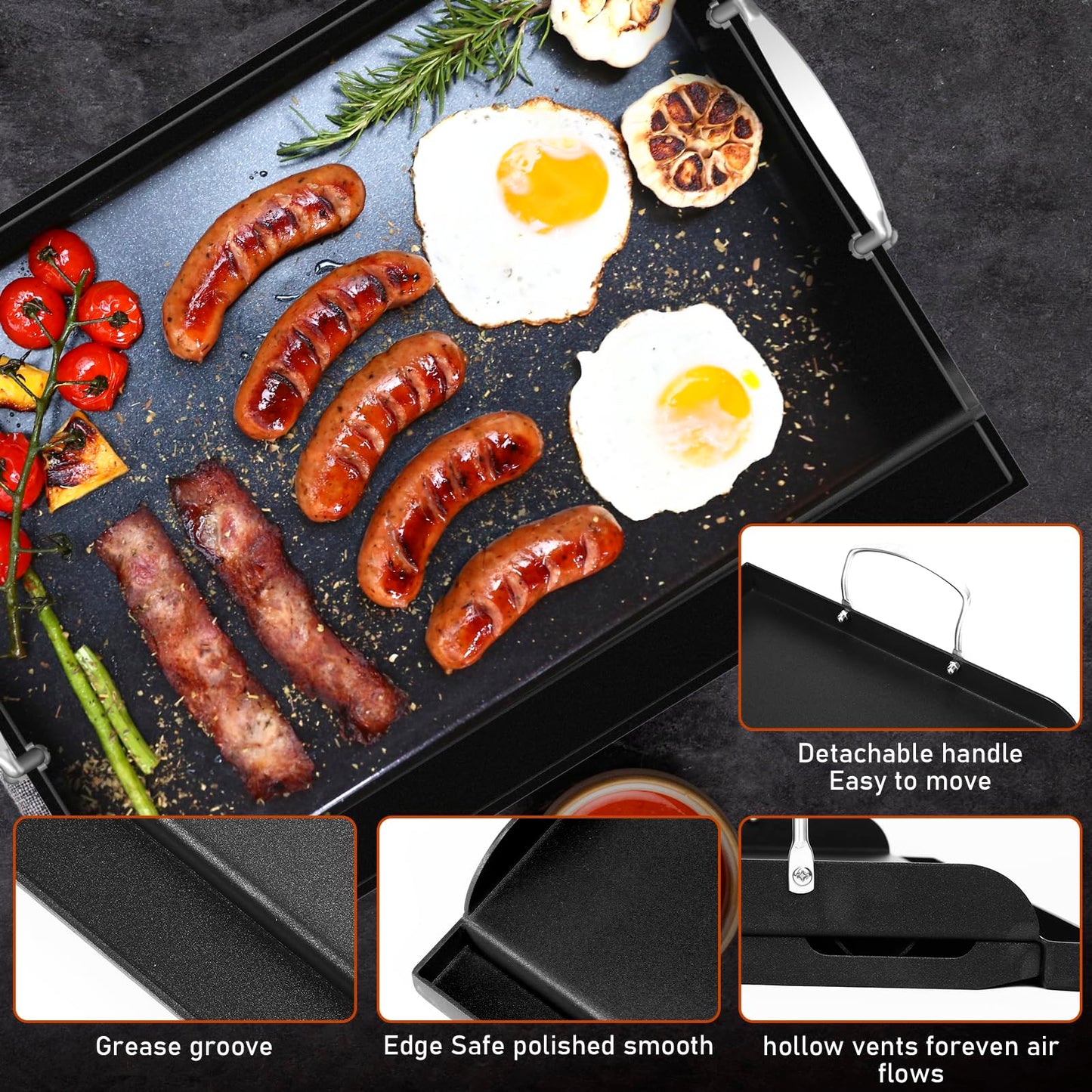 Griddle for Gas Grill, Cast Iron Griddle for Gas Grill & Stove Top, 17"x13" Flat Top Griddle Nonstick Grill Griddle Plate for Charcoal Outdoor Camping Cooking for Blackstone Style Flat Top Grill