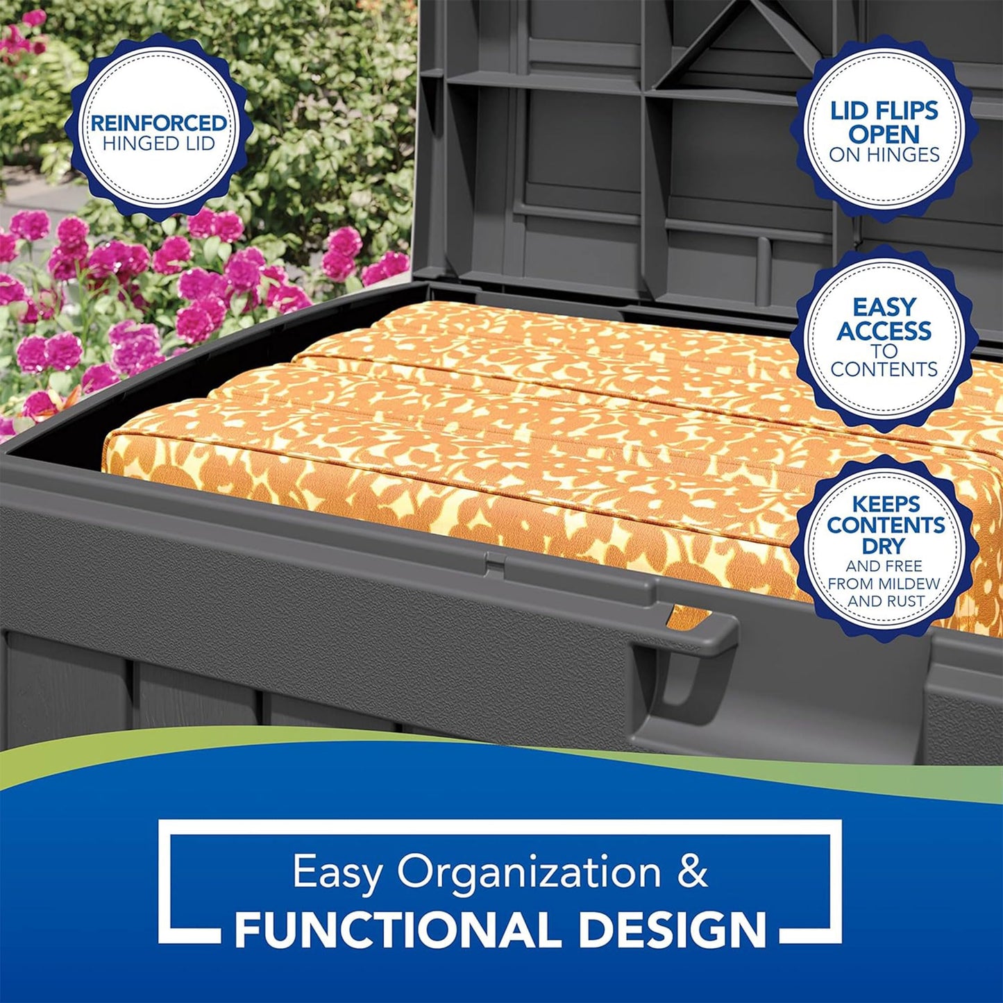 Suncast 50 Gallon Medium Capacity All Weather Construction Resin Outdoor Storage Deck Box with Arched Lid for Patio, Garden, or Pool, Peppercorn