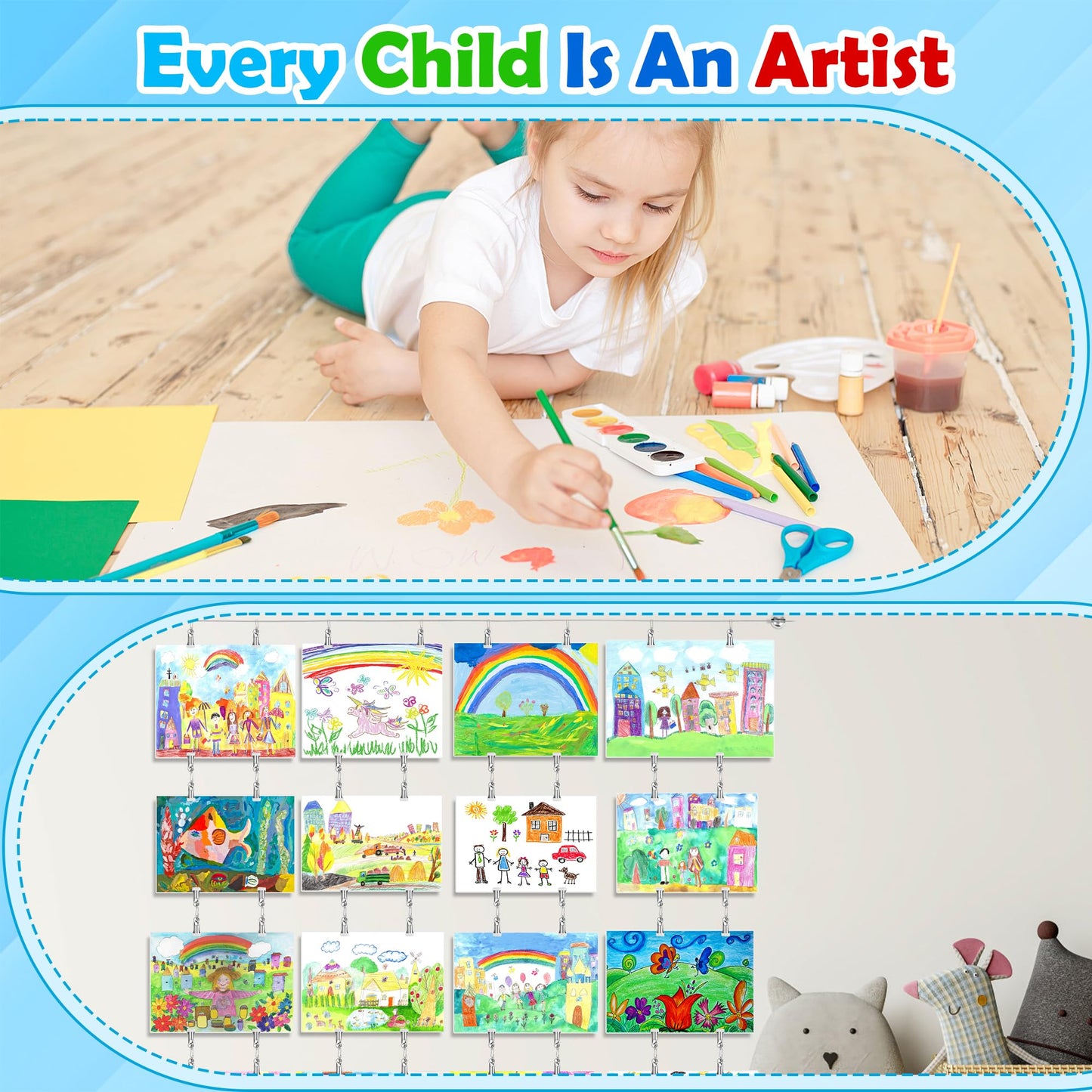 Windspeed Kids Artwork Display Wall Decor for Hanging Photo Kids Art Display for Classroom, with 118 in Alloy Steel Wire, 48P Hanging Clips