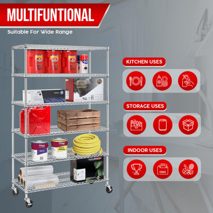 24/7 Shop at Home Arno Industrial 6 Tier Wire Shelving Rack with Wheels, Adjustable Shelf and NSF Certified, Metal Storage Shelves for Kitchen, Office, Garage, Basement, Laundry Room, White