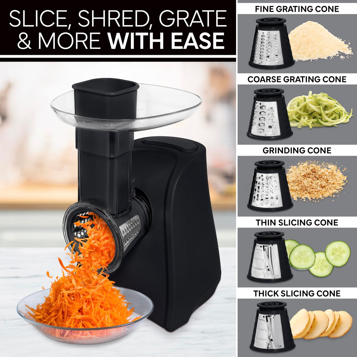 COOK WITH COLOR 5-in-1 Electric Slicer, 150W Food Prep Machine – Cheese Shredder, Fine & Coarse Graters, Potato Grater, Vegetable Slicer, Fruit, Salad Shooter, Compact Design For Bowl Prep, Blush