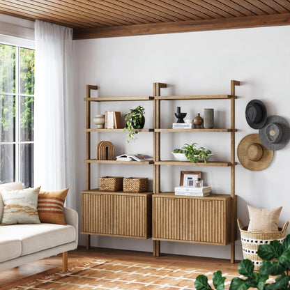Nathan James Jasper 3-Shelf Solid Wood Boho Bookshelf, Wall Mounted Bookshelf with Cabinet with Fluted Doors, Light Brown, Set of 2