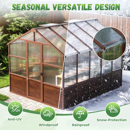 Jocoevol 8x10FT Greenhouse for Outdoors, Wooden Frame Polycarbonate Green House w/ Adjustable Roof Vent and Lockable Door Handle, Walk-in Greenhouses for Outside Garden Backyard