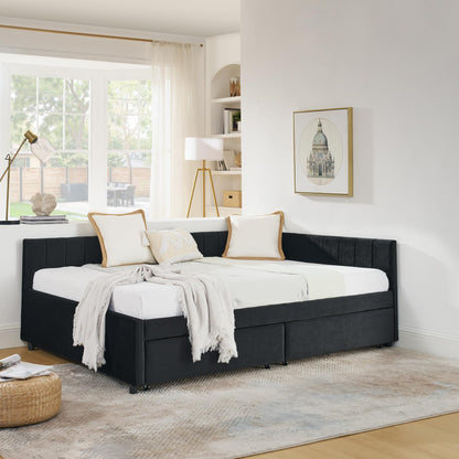 Ball & Cast Full Size Daybed with Two Storage Drawers,Velvet Upholstered Day Bed Frame with Channel Tufted Backrest & Armrest,Wood Slats Support,No Box Spring Needed,for Bedroom Guestroom,Black