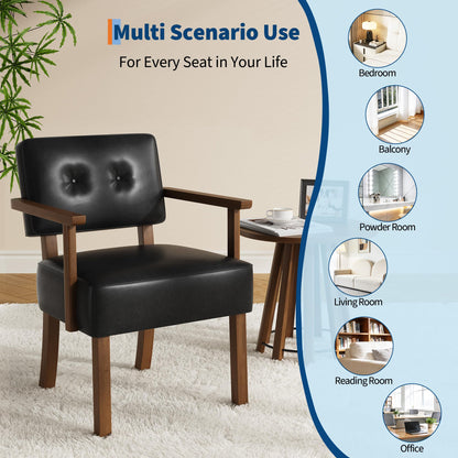Garvee Mid-Century Accent Chair Set of 2 with Wood Frame, PU Leather Upholstered Lounge Arm Chair with Classic Button Tufting Reading Leisure Chair for Living Room, Bedroom, Balcony, Black