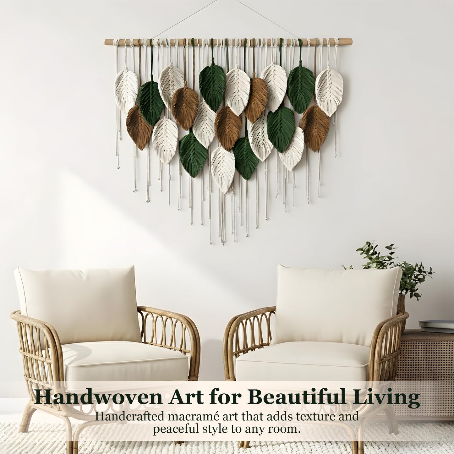 KORSIV Large Macrame Wall Hanging Boho Woven Tapestry, Modern Bohemian Handmade Leaf Feather Wall Art Decorations for Apartment Dorm Living Room Bedroom Nursery Backdrop, Chic Home Decor