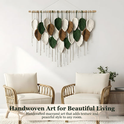 KORSIV Large Macrame Wall Hanging Boho Woven Tapestry, Modern Bohemian Handmade Leaf Feather Wall Art Decorations for Apartment Dorm Living Room Bedroom Nursery Backdrop, Chic Home Decor