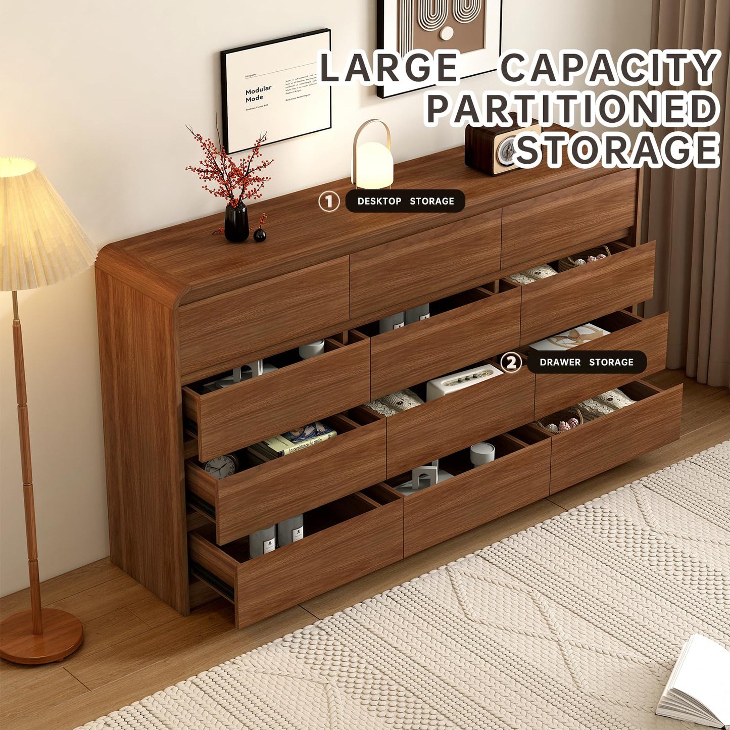 Messenya Modern 12-Drawer Dresser 63-Inch Wide, Curved Anti-Collision Design, Mid-Century Storage Cabinet with Pre-Embedded Slots, Sturdy Reusable, Ideal for Bedroom/Living Room/TV (Brown, 12-63)