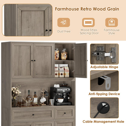 BOTLOG 72" Kitchen Pantry Cabinet, Kitchen Hutch with Microwave Stand, Buffet Cabinet with Hutch for Dining Room, Ash Gray