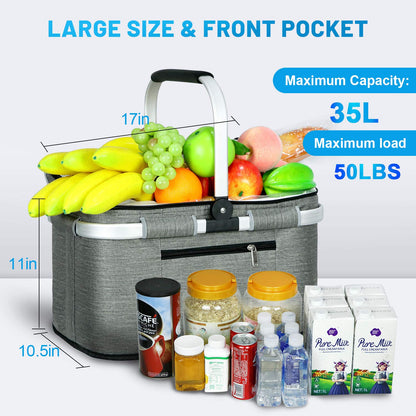 LIQING 35L Large Picnic Basket 2 Layers of Internal Pockets Leak-Proof and Insulated ，Folding with Internal Support for enhansed Stability, Wedding Gifts for Couple(Grey)