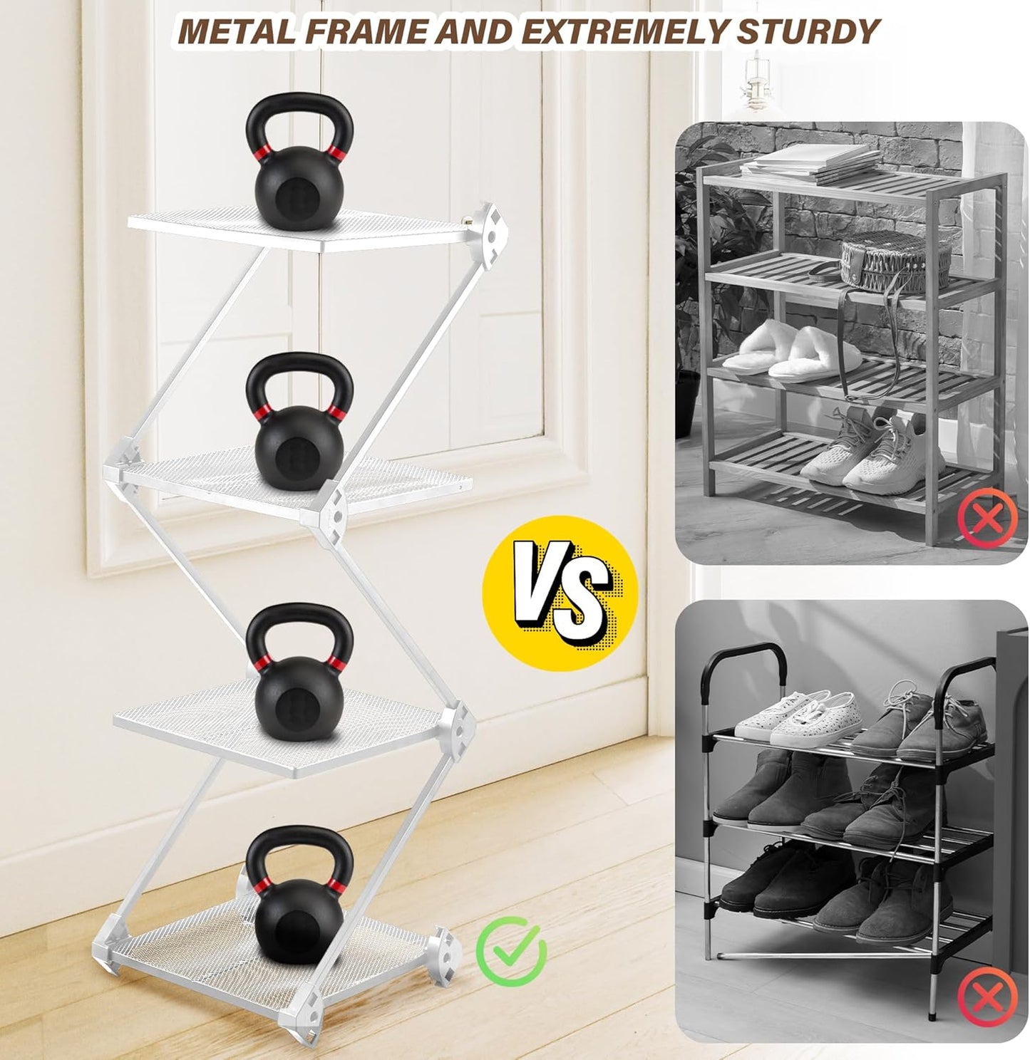 Small White 4 Tier Vertical Shoe Rack Shelf - Metal Tall Shoe Organizer for Entryway, Bedroom, Living Room - Space