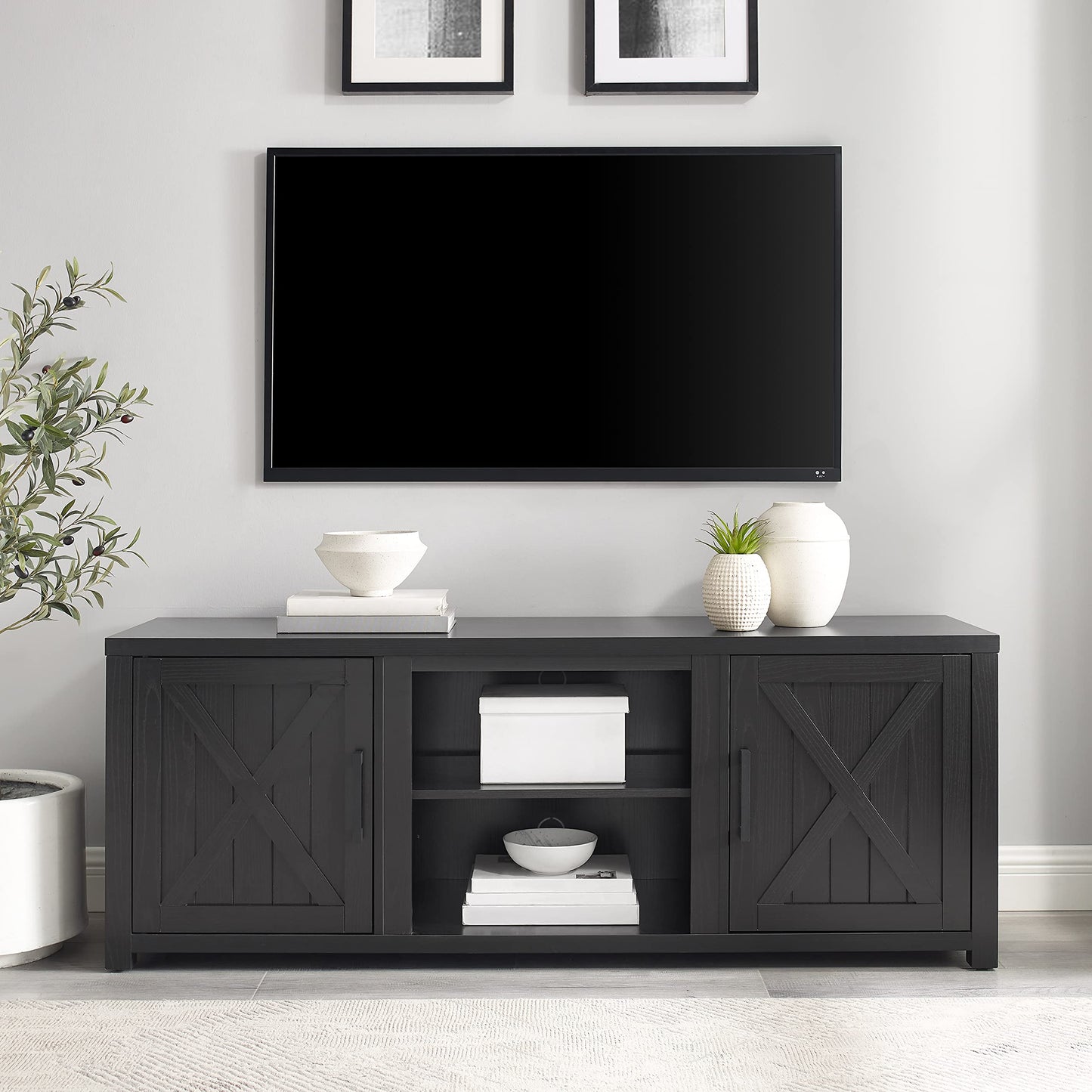 Crosley Furniture Gordon Low Profile TV Stand for 65+ inch TVs, Entertainment Center with Storage Shelves, Black