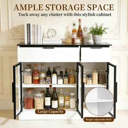 Ntufrest Buffet Cabinet with Drawers, Buffet Storage Cabinet with Transparent Glass Doors, Kitchen Supplies Storage Cabinet, Wooden Coffee Bar Table for Dining Room,Living Room Entrance, White