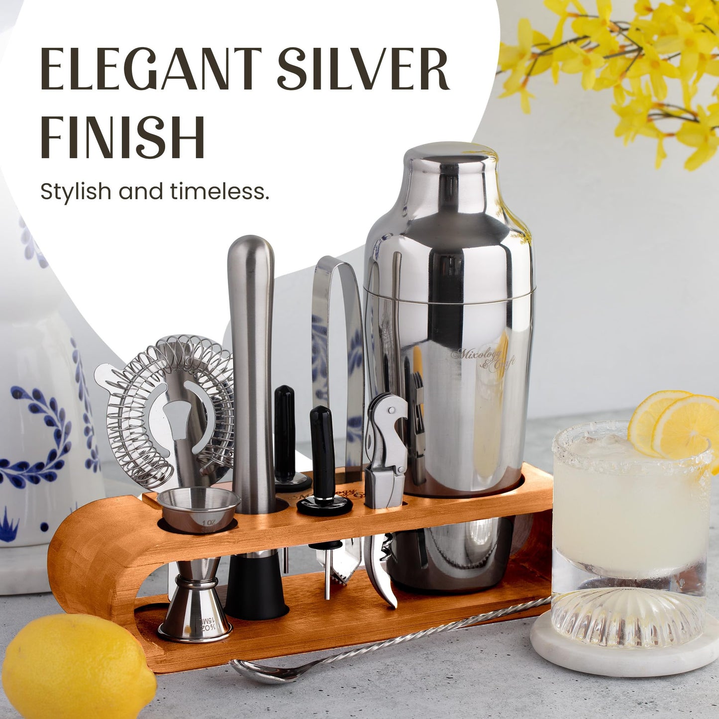 Mixology & Craft Cocktail Shaker Set with Bamboo Stand - Professional 10-Piece Bartender Kit - Complete Bar Set & Cocktail Mixer Kit for Home (Silver)