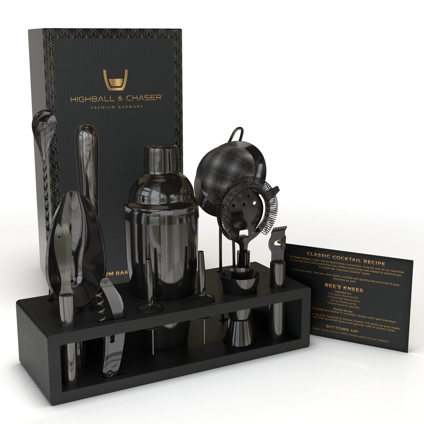 Highball & Chaser 13-Piece Cobbler Cocktail Shaker Set: Black Polished Stainless Steel Bartender Kit for Home Bar Set | Laser Engraved Tools Plus E-Book with 30 Recipes