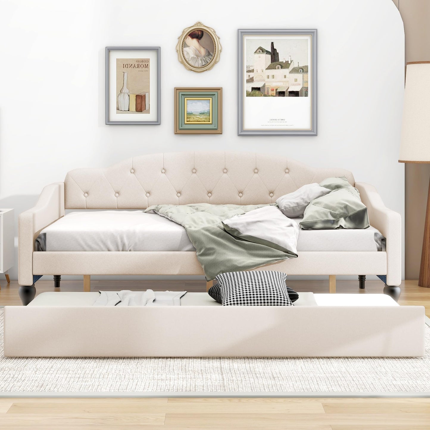 YOPTO Full Size Linen Upholstered Tufted Daybed with Twin Size Trundle,Sofa Bed,No Box Spring Needed, Furniture for Bedroom Living Room Guest Room,Beige