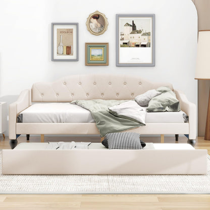 YOPTO Full Size Linen Upholstered Tufted Daybed with Twin Size Trundle,Sofa Bed,No Box Spring Needed, Furniture for Bedroom Living Room Guest Room,Beige