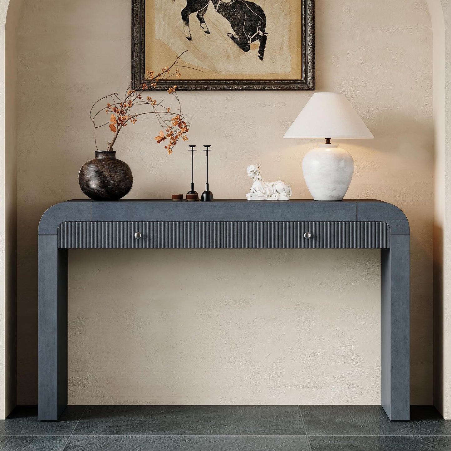 Merax Rustic Console Table with Fluted Drawer Front, Entryway Table with Curved Corners & Thick Legs, Sturdy Sofa Table for Hallway & Living Room, Dark Navy
