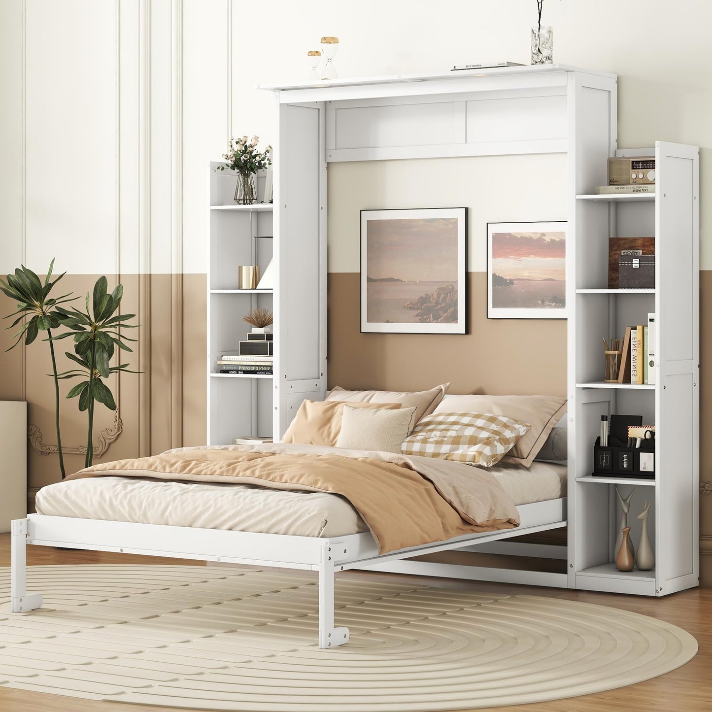Ball & Cast Full Size Murphy Bed Wall Bed with Shelves and LED Lights,can be Folded,Hideaway Cabinet Frame W/ 2 Five-Layer Cabinets,Slat Support,No Box Spring Needed,for Apartment,Bedroom,White