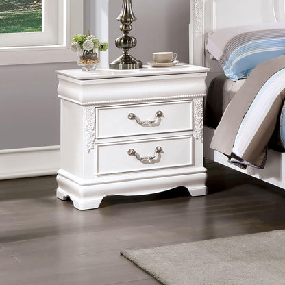 Furniture of America Lyoth Solid Wood 2-Drawer Nightstand with USB Charger, Felt-Lined Top Storage Bedside Table and Nickel Hanging Pulls, No Assembly for Bedroom, Guest Room, White