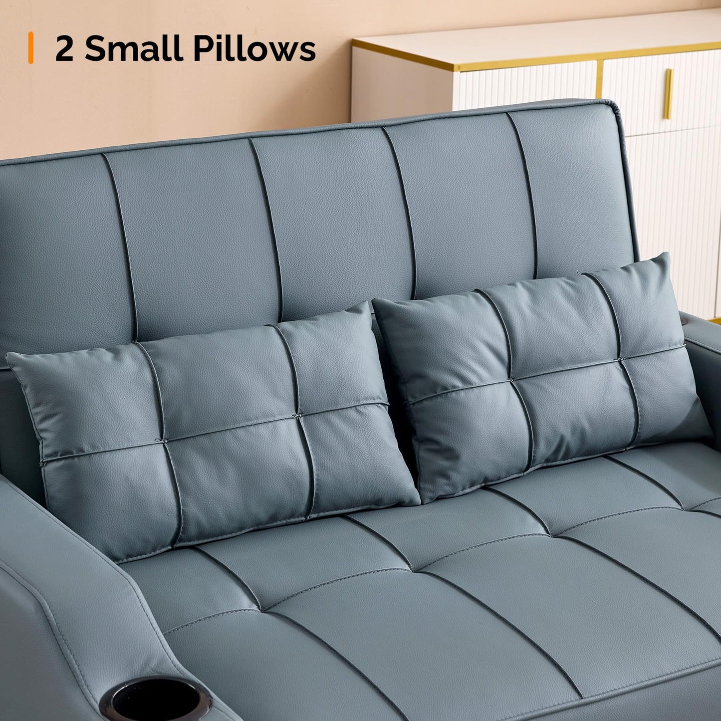 VINGLI Blue Grey Futon Sofa Bed Convertible Loveseat Sleeper Couch, Faux Leather Pullout Sofa Fold Out Couch Bed with USB Ports, Cup Holders, Armrest for Living Room, Bedroom Apartment Room