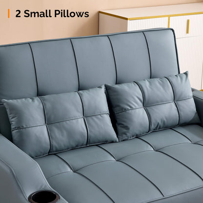 VINGLI Blue Grey Futon Sofa Bed Convertible Loveseat Sleeper Couch, Faux Leather Pullout Sofa Fold Out Couch Bed with USB Ports, Cup Holders, Armrest for Living Room, Bedroom Apartment Room