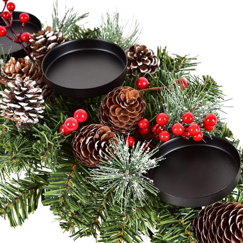 Artiflr 20 Inch Christmas Candle Holder Centerpiece with 3 Candle Holders, Pine Cones, Red Berry Table Accent for Festival Home Decoration