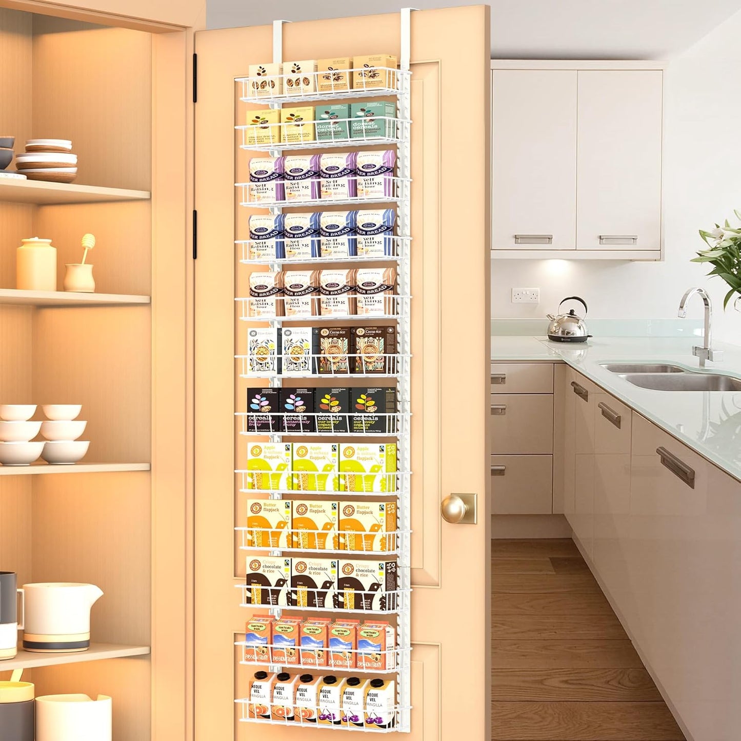 12 12 Churboro Over the Door Pantry Organizer Rack with Adjustable Baskets, Tiers Dual-use Spice Rack- Hanging or Wall