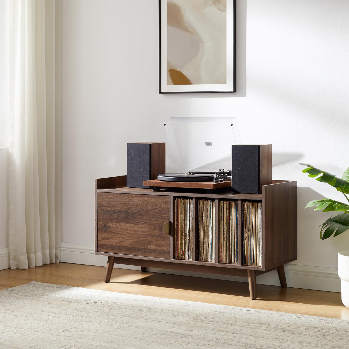 Crosley Furniture Skylar Mid-Century Record Player Cabinet with Vinyl Storage, Turntable Stand for Records, Walnut