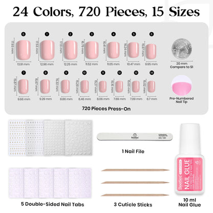 Beetles Press on Nails Kit 720Pcs 24 Colors, Press on Nails Short Almond Glossy Matte Glitter With Nail Glue & Nail Tabs Stickers, Natural Fit Lightweight Fake Nails Kit Art For Women Girls