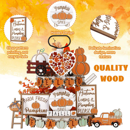 Maitys 23 Pcs Thanksgiving Tiered Tray Decoration Set Fall Pumpkin Maple Leaf Truck Wooden Sign Table Centerpieces Decor for Autumn Thanksgiving Day Farmhouse Kitchen Table Shelf Supplies