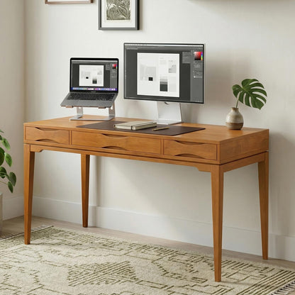 SIMPLIHOME Harper Desk - 60 Inch Wide Solid Wood Writing Desk in Light Golden Brown, Mid-Century Modern Home Office Computer Table for Study with 2 Drawers and Flip-Down Keyboard Tray
