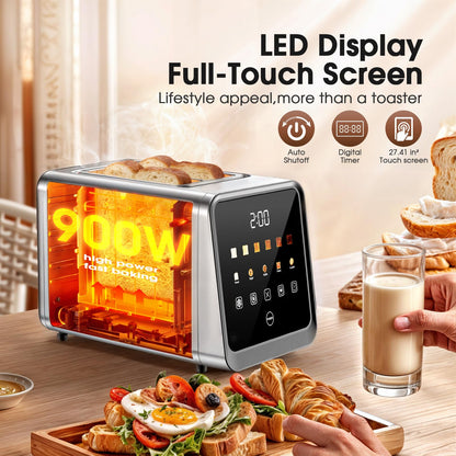 Touch Screen Toaster 2 Slice, Stainless Steel Smart Digital Toasters with Single Slot Toasting, Memory Function, 5 Bread Types & 6 Shade Settings,1.5" Wide Slot, 900W