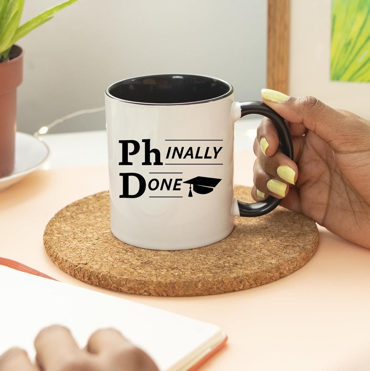 YouNique Designs Phinally Done 11 Ounces PhD Graduation Mug, Funny Doctorate Graduation (Black Handle)