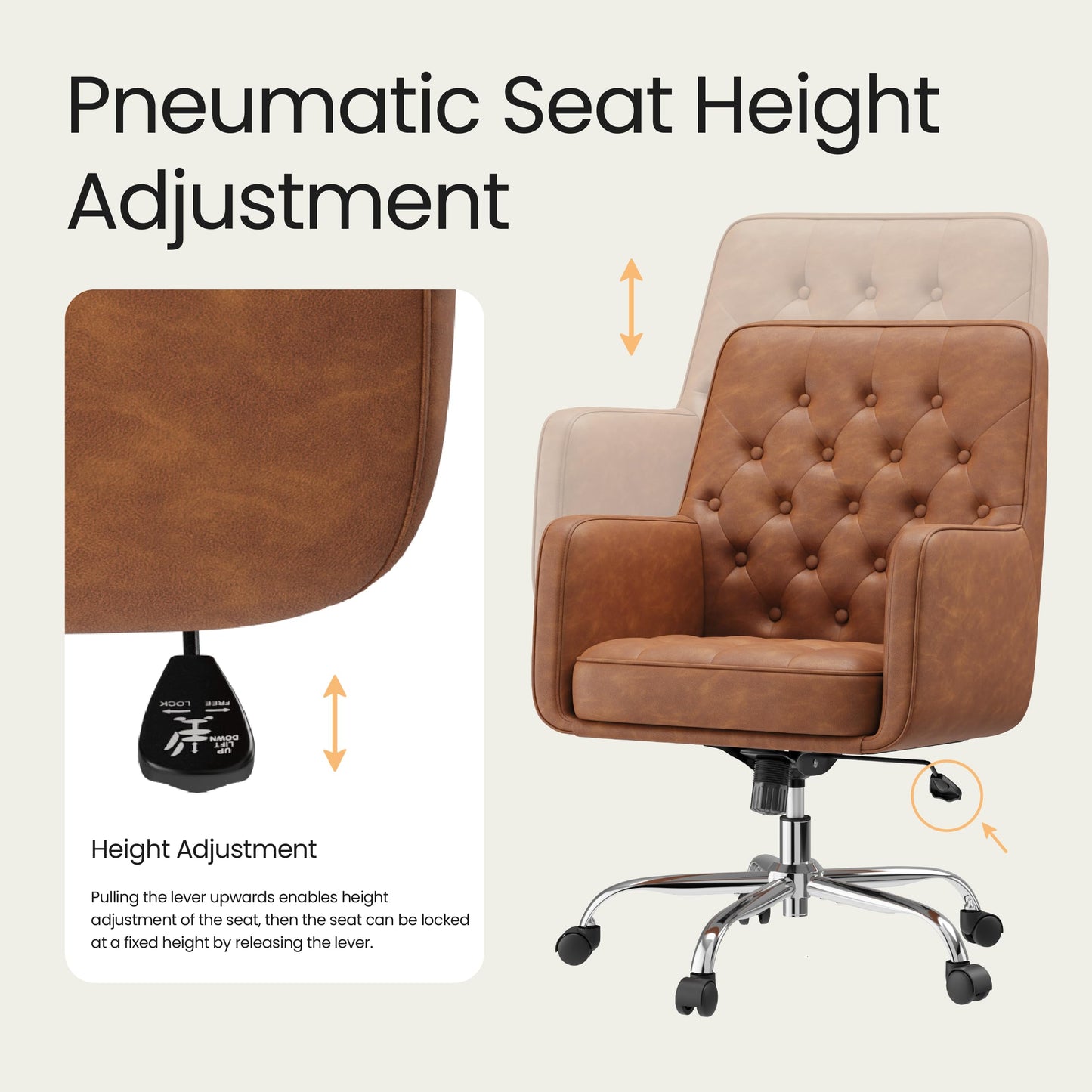 COLAMY Verso Home Desk Chair with Armrest, Leather Swivel Office Chair Adjustment Height with Wheels,Comfortable Padded Seat, Brown