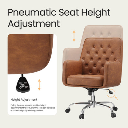 COLAMY Verso Home Desk Chair with Armrest, Leather Swivel Office Chair Adjustment Height with Wheels,Comfortable Padded Seat, Brown