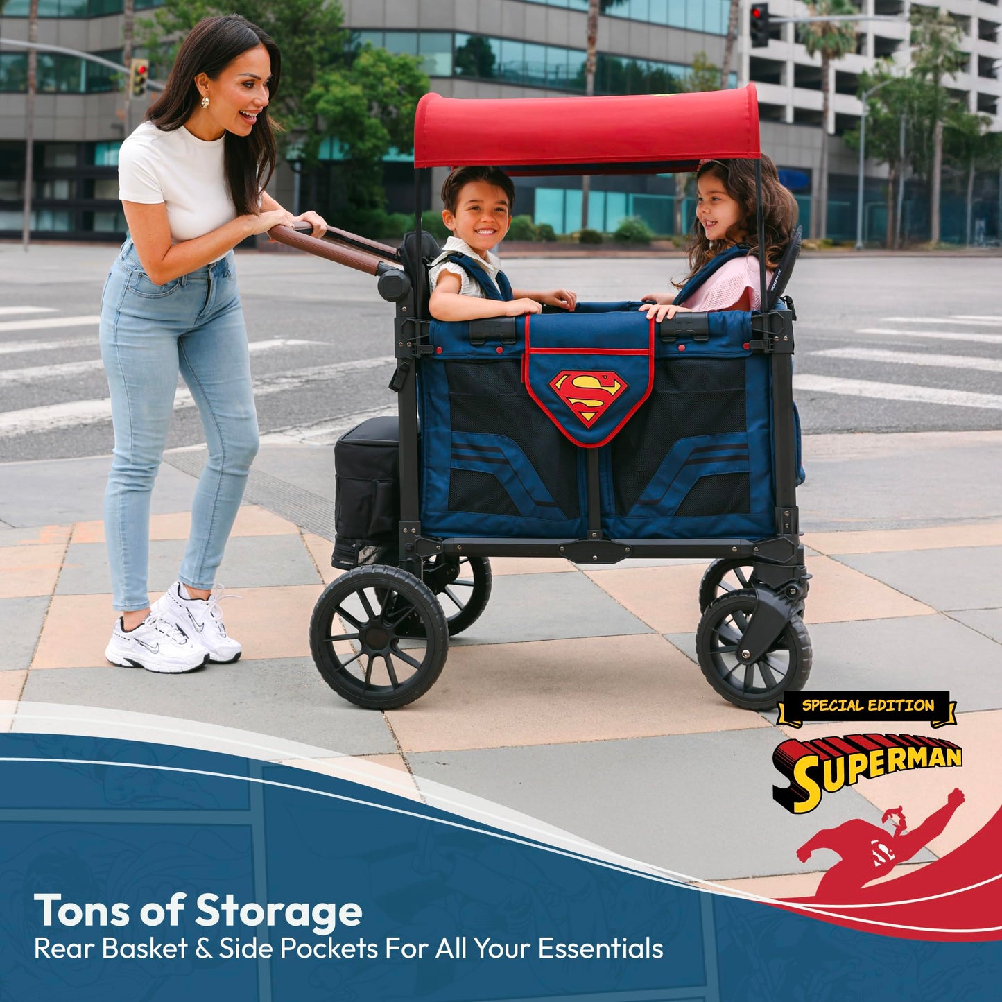 WONDERFOLD W2 Luxe Pro Special Edition Superman Stroller Wagon (2 Seater) - Collapsible Wagon Stroller with Seats with 5-Point Harnesses, Easy Access Zipper Door, and Removable Sun Canopy