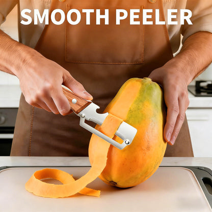 2 Pack Multifunctional Vegetable Peeler with Bottle Opener, Wooden Handle Stainless Steel Potato Fruit Peeler, Ergonomic Non-Slip Kitchen Gadget for Camping BBQ