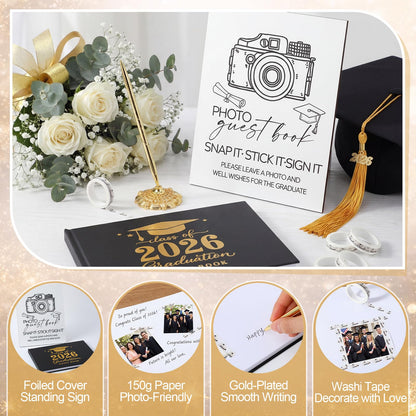 Gersoniel 8 Pcs 2026 Graduation Guest Book Set Photo Sign in Book 100 Pages Class of 2026 Scrapbook Photo Album with Pen Wooden Display Stand Washi Tape DIY for Grad High School College Party Supplies