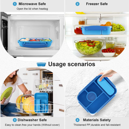 Amathley Bento Box Adult Lunch Box Kids,Lunch Containers for Adults/Kids/Toddler,5 Compartments Bento Lunch Box with Sauce Vontainers,Microwave & Dishwasher & Freezer Safe,BPA-Free (Blue)