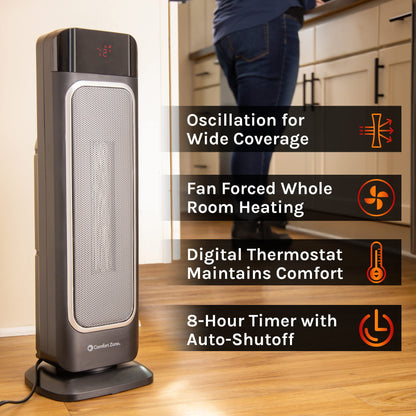 Comfort Zone Electric 24" Oscillating Digital Tower Space Heater with Full Function Remote, Adjustable Thermostat, and Overheat Protection, Ideal for Home, Bedroom, & Office, 1,500W, CZ523RBK