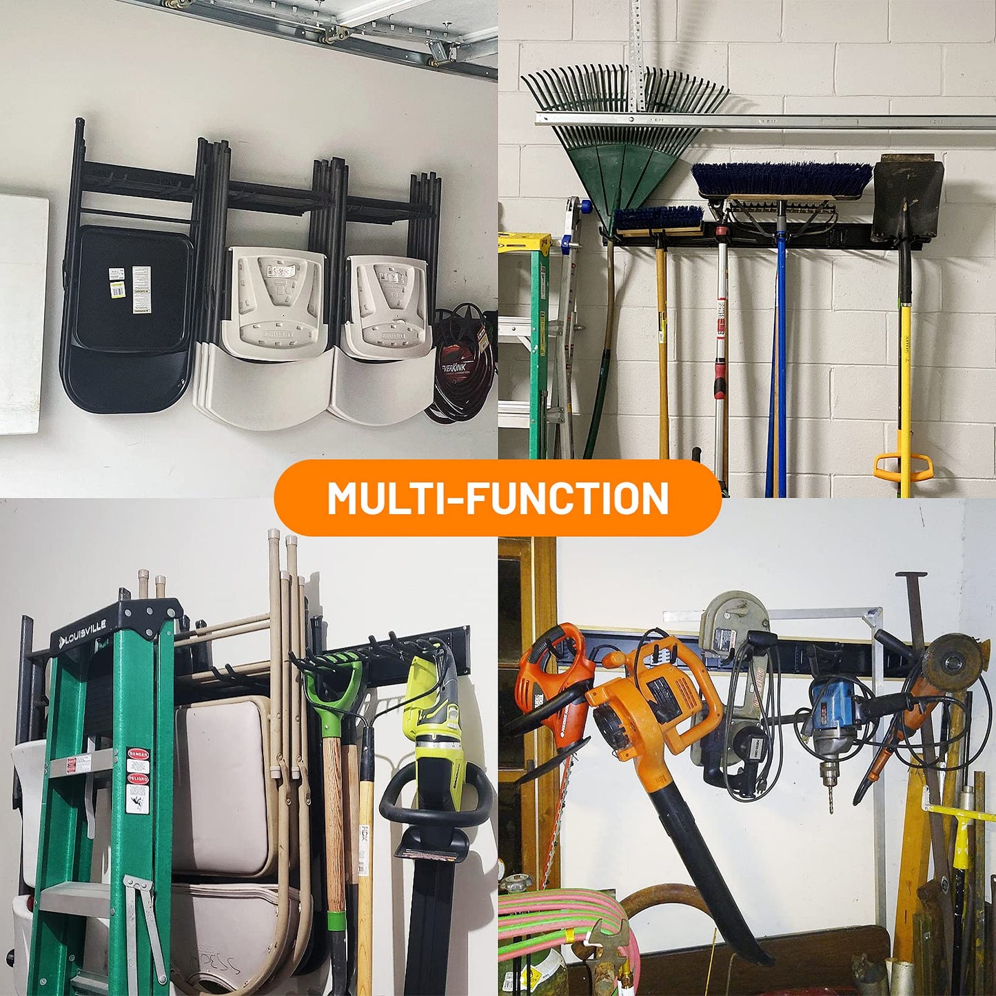 Wallmaster Garage Storage Organization Wall Mount, Garden Tool Rack Organizer Heavy Duty Folding Chair Hangers with 6 Adjustable Hooks 48inch Tracks Max Load 450lb