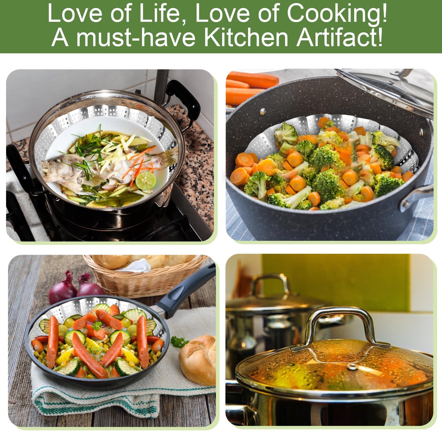 Steamer Basket for Cooking – Premium 304 Stainless Steel Steamer Basket, 3rd Gen Folding Expandable Steamers, Suitable for Cookware Pot, Fit for Fish Vegetables Pasta Eggs (Medium (6.1“ to 10.43”))
