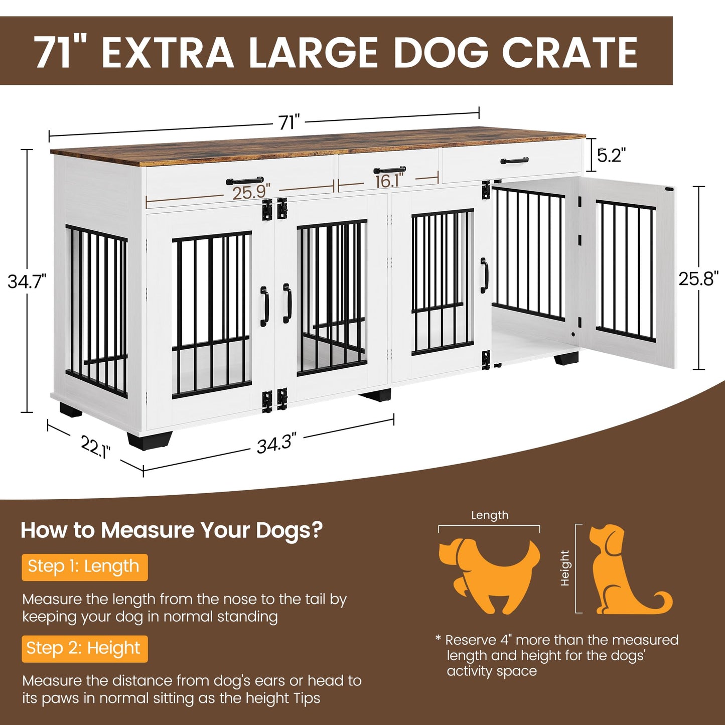 Garvee 71" Dog Crate Furniture for 2 Dogs, Heavy Duty Indoor Dog Kennel TV Stand, XL Wooden Dog Cage with Divider for Medium Large Dogs, End Table Dog Crate