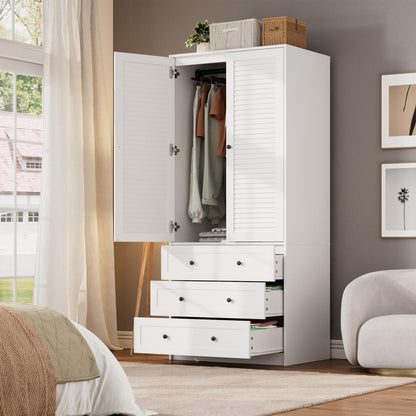 GarveeHome Armoire Wardrobe Closet with Drawers, 69.5 in Wooden Wardrobe Cabinet with Hanging Rod, 2 Doors Clothing Storage Cabinet for Bedroom, Large Capacity Storage, Louvered Door, White