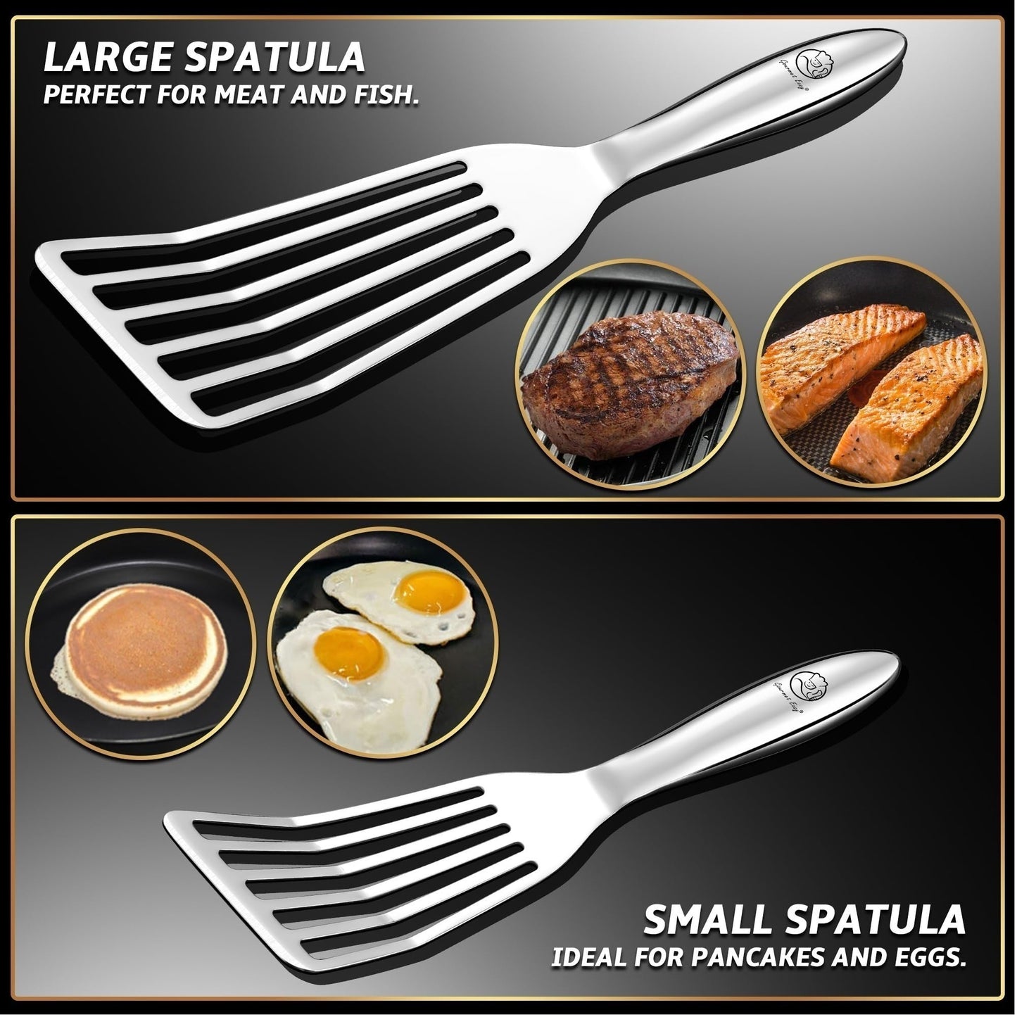 Stainless Steel Fish Spatula Set – 1 Large Fish Turner + 1 Small Metal Spatula, Ultra Thin Edge for Easy Turning & Flipping, Metal Kitchen Untensils with Ergonomic Non-Slip Handle, Dishwasher Safe