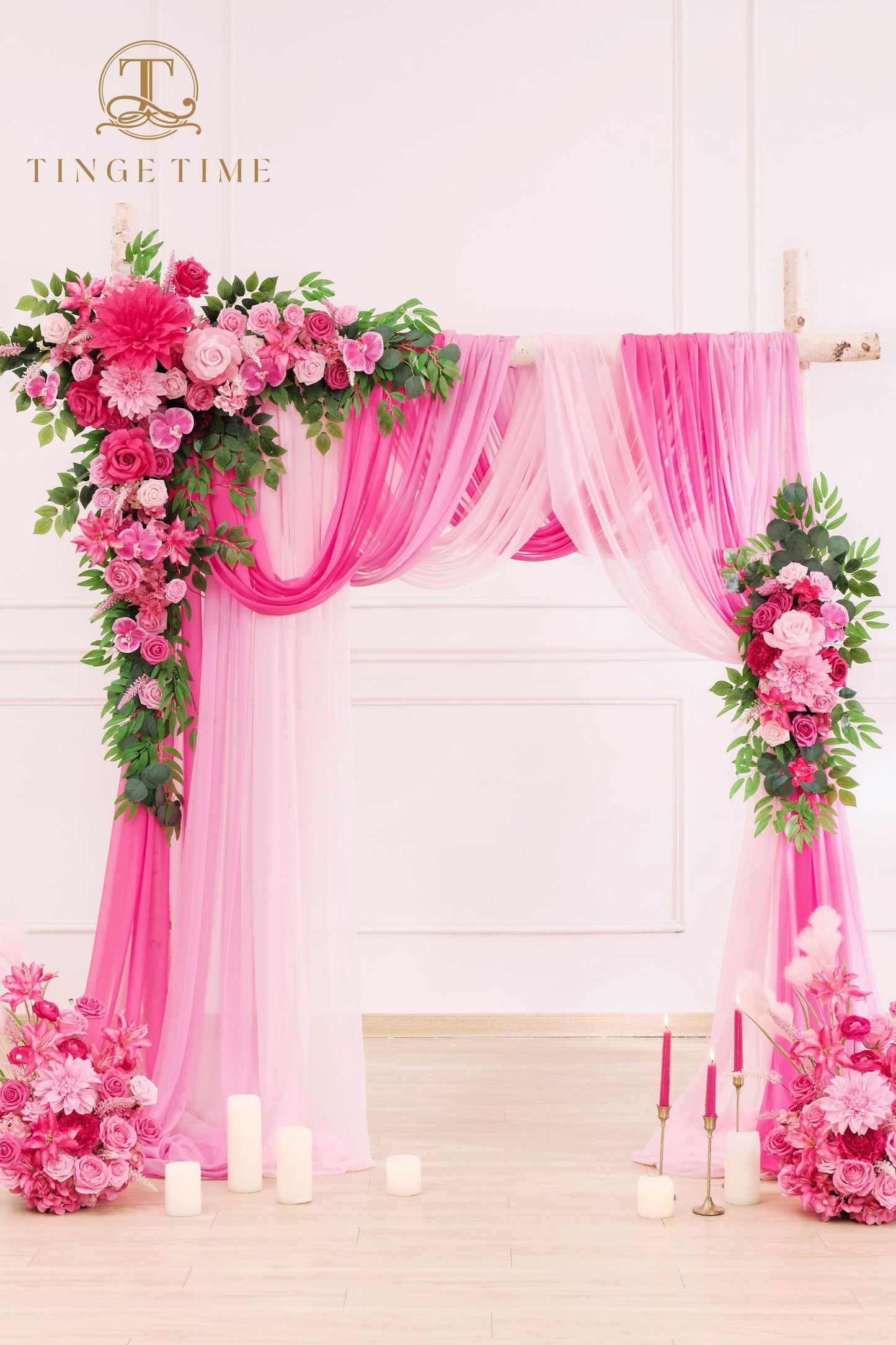 TINGE TIME Wedding Arch Flowers Kit - Deluxe 5pcs Artificial Floral Swag with 3 Sheer Drapes, Realistic Silk Flower Arrangements for Wedding Ceremony Arbor Backdrop Reception Party Home Decor